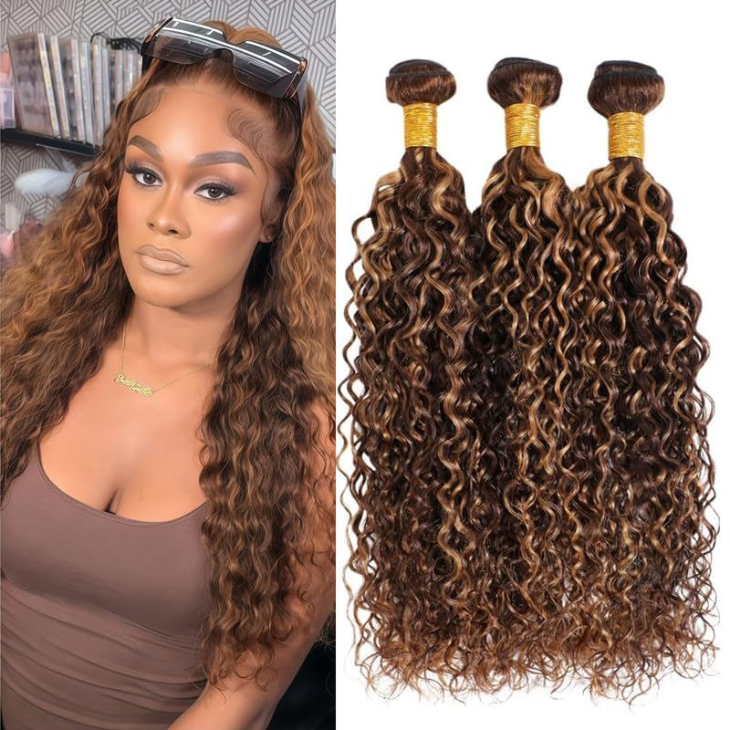 20 22 24 Inch Light Brown Water Wave Bundles Human Hair Brown Highlight Hair Bundle Brazilian Virgin Wavy Hair Weave for Black Women (Brown and Light Brown,#P4/30)