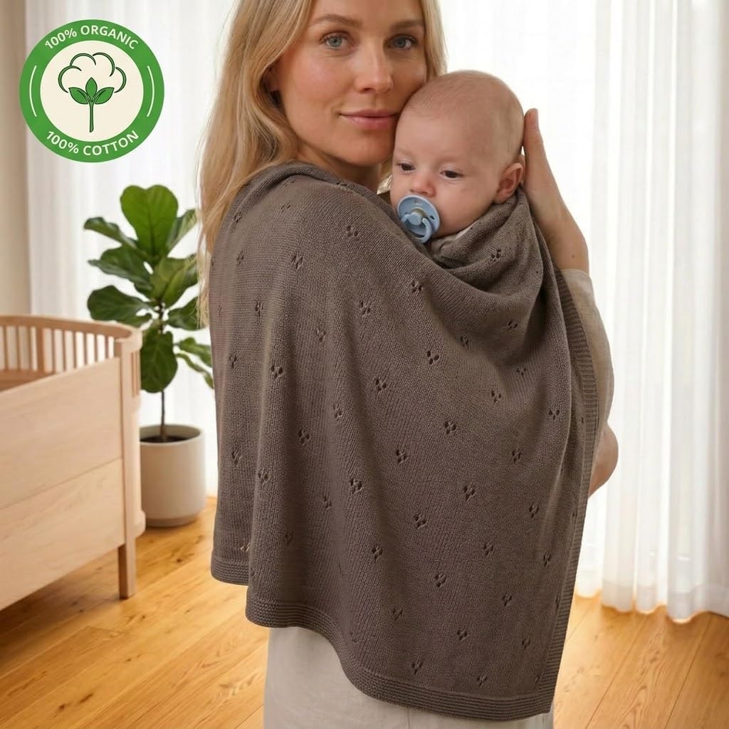 100% Organic Cotton Knit Baby Blanket for Boys and Girls- Pointelle Swaddle Blanket - 40" x 30" Soft Receiving Blanket for Newborn - Lightweight Heirloom Nursery Knit Blanket for Babies (Mochachino)
