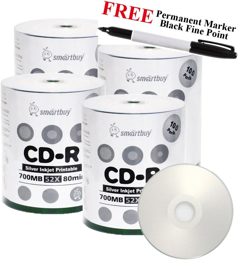Smartbuy 400-disc 700mb/80min 52x CD-R Silver Inkjet Hub Printable Blank Media Disc + Black Permanent Marker