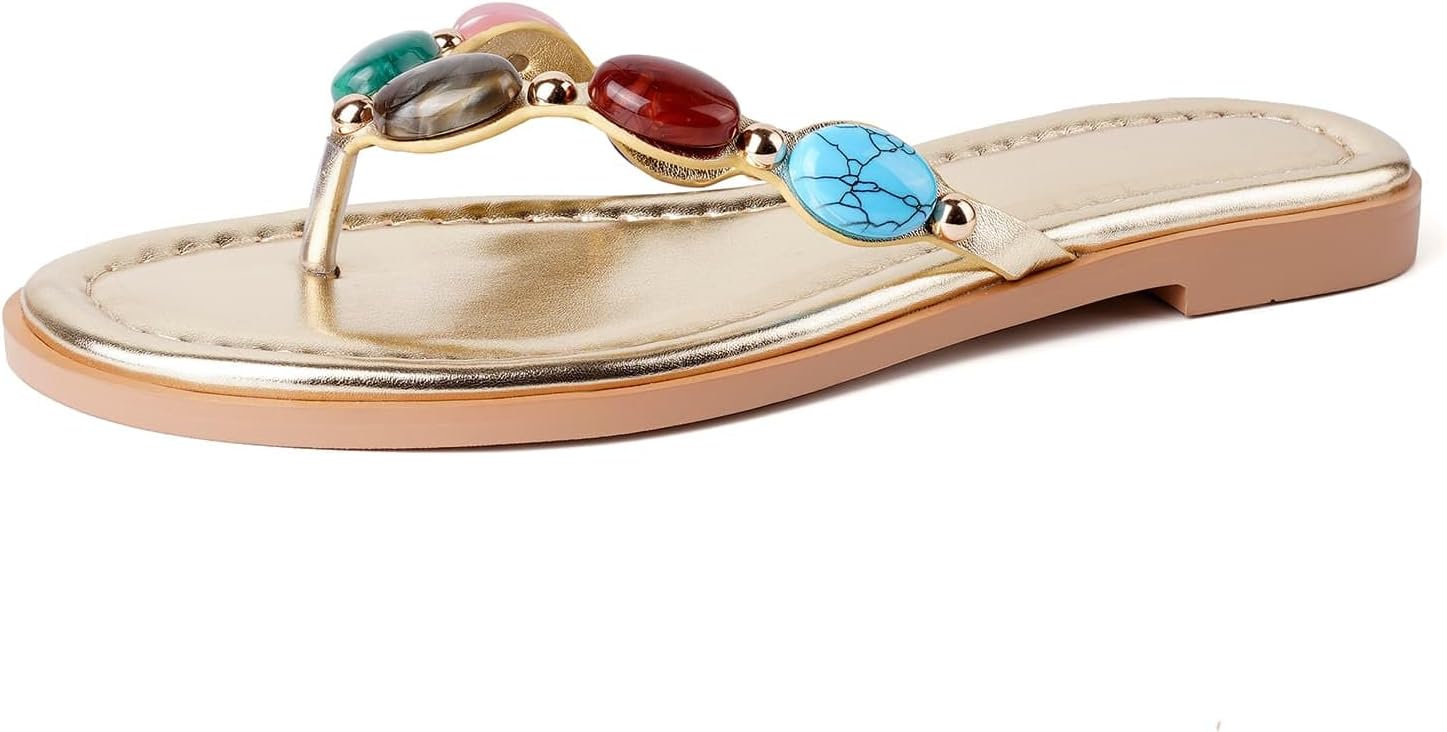 Jeweled Thong Flip Flops for Women Open Round Toe Flat Sandals Summer Beach Casual Slippers