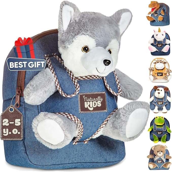 Naturally KIDS Backpack with Stuffed Animal Toys, Christmas Gifts for Kids, Birthday Gifts for Boys and Girls for 2, 3, 4, 5, 6, 7 Year Old