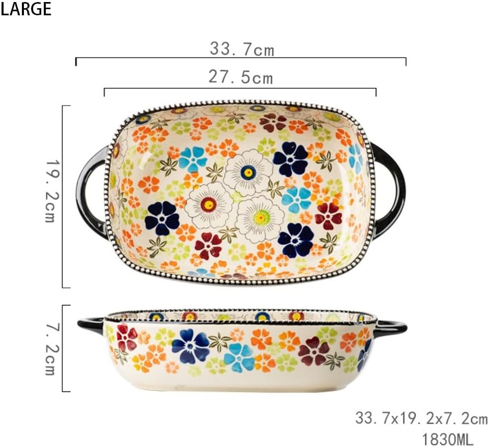 Lasagna Pans Hand-Painted Ceramic Double-Handled Baking Pan Colorful Floral Square Tableware Microwave Oven Roast Chicken for Baking Cake(Large)