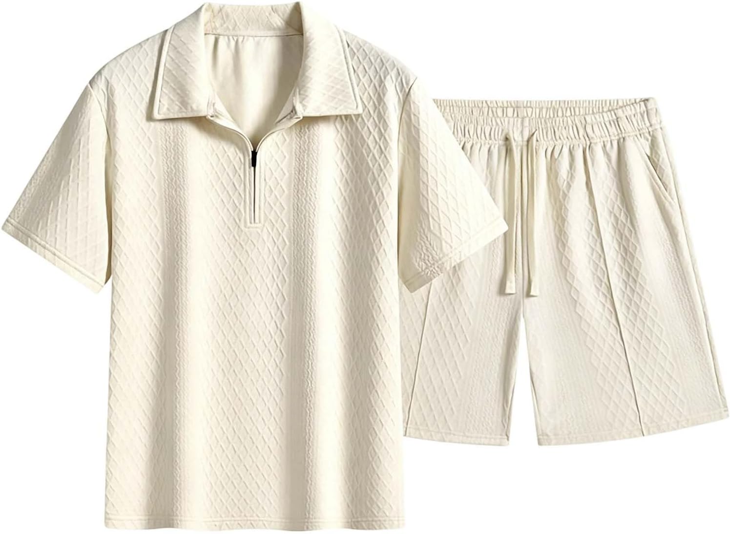 Cambkatl Men's Jacquard Shorts with Half Zip Lapel T-Shirt Sets Summer Short Sleeve Business Casual Outfits with Pockets