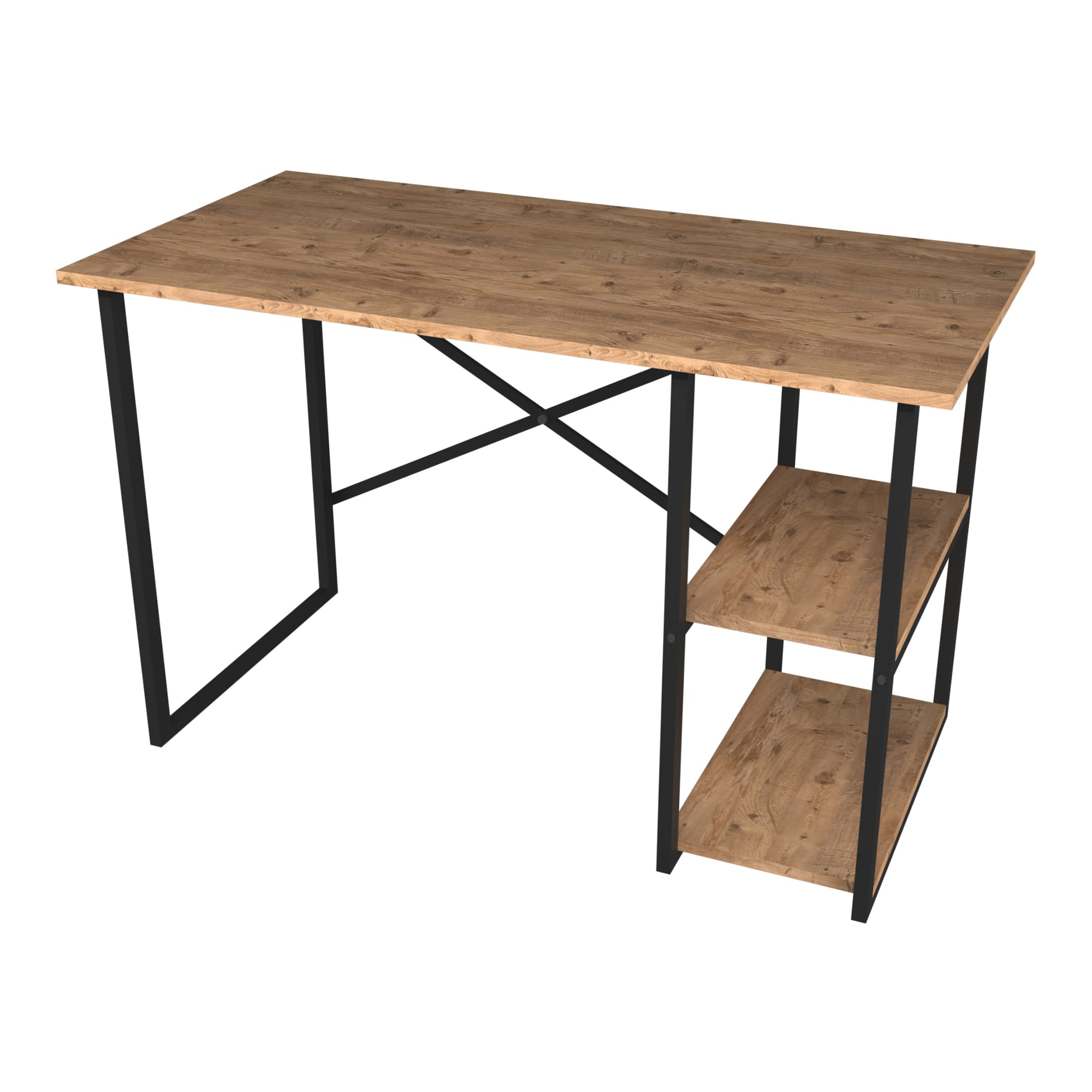 [en.casa] Scrivania con 2 Ripiani Laterali (AxLxP) 75 x 120 x 60 cm Postazione di Lavoro Tavolo da Studio con Telaio in Metallo Nero e Piani in Effetto Rovere