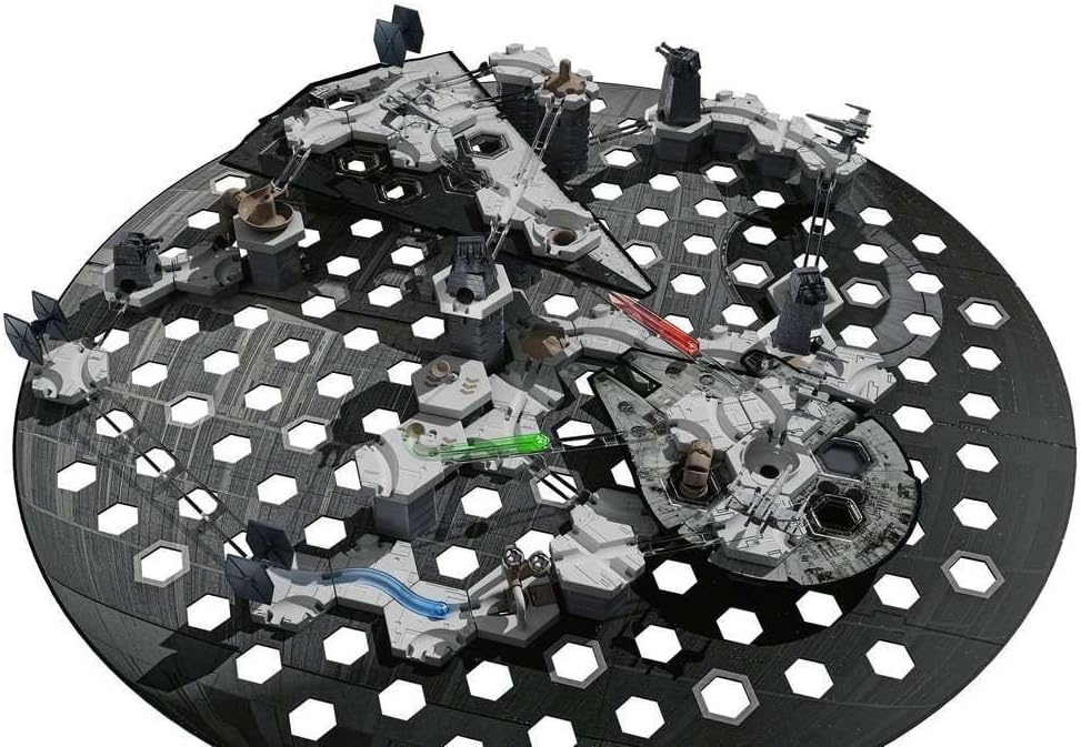 Per sobre view of the fully assembled GraviTrax Star Wars Action-Set Death Star marble run.