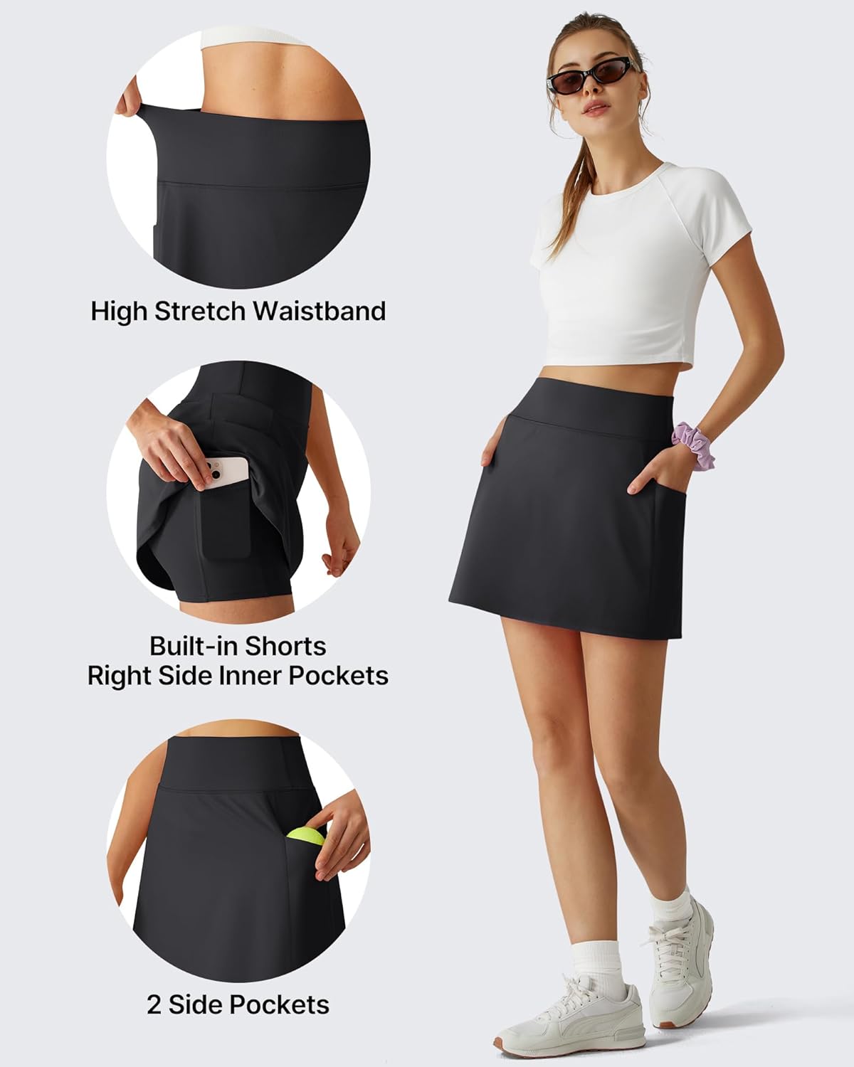 G4Free BareFeel High Stretch Golf Skirts for Women - 15" A Line Tennis Skort Casual Summer Inner Shorts with 3 Pockets