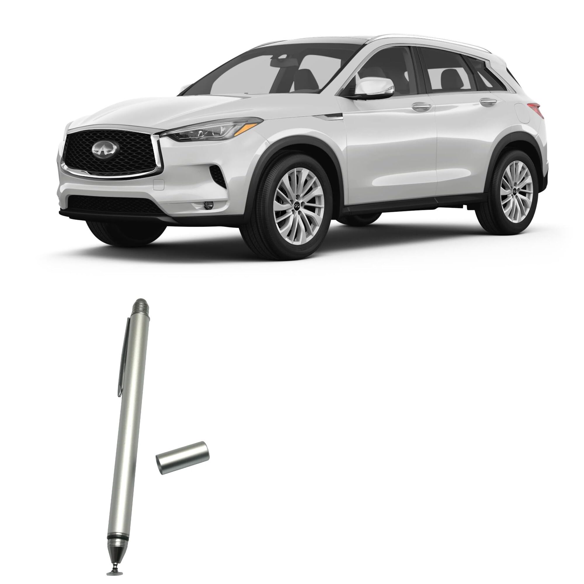BoxWave Stylus Pen Compatible with Infiniti 2023 QX50 Display (Lower 7 in) - DualTip Capacitive Stylus, Fiber Tip Disc Tip Capacitive Stylus Pen - Metallic Silver