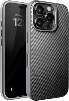 Fiber Carbon Material Back Section for Minesk iPhone 16 Pro Max Strong Shock Absorbing Premium Silicone Case with Metal Lens Frame and Metal Keys, Non-Yellowing and Scratch-Free (Grey, 16 Pro Max)