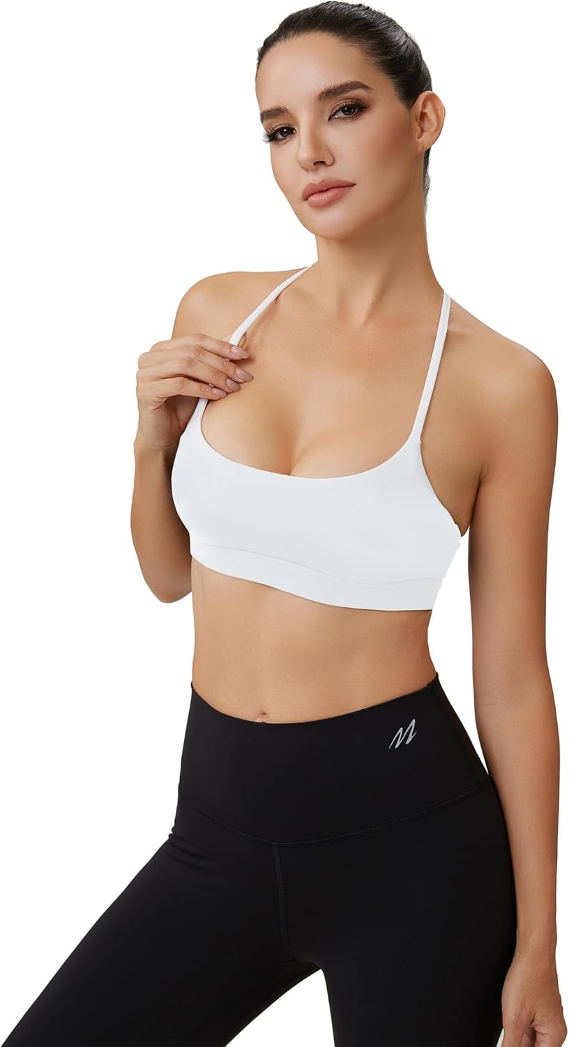 Women's Spaghetti Straps Color Block Halter Sports Bra – Square Neck Cross Back Workout Padded Crop Tops