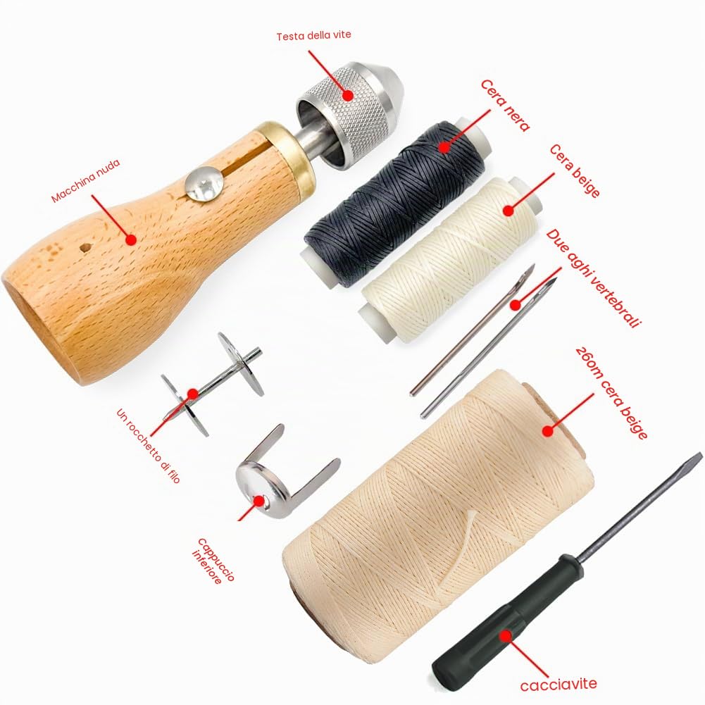 SONGER Professional Speedy Stitcher Sewing Awl Hand Stitcher Repair Tool Kit for Leather And Heavy Fabrics with 2Pcs Needles,1Pcs Coil And 260 Meter 150D 0.8MM Flat Sewing Waxed String(Beige)
