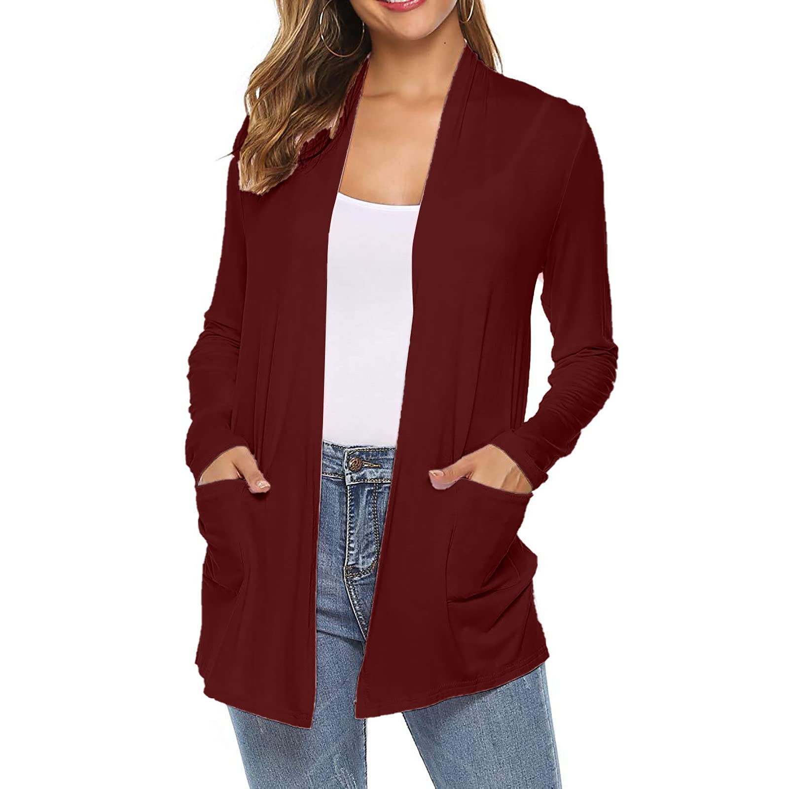 Women's Open Front Casual Long Sleeve Knit Classic Sweaters Cardigan with Pockets V Neck Button Down Knitwear