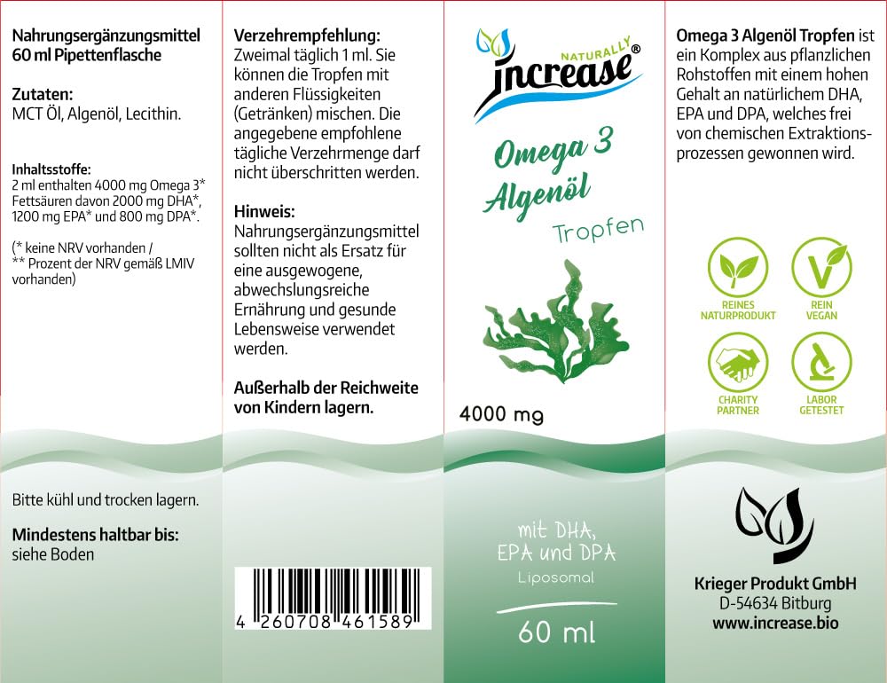 Gouttes d'huile d'algues liposomale oméga 3 hautement dosée – (120 000 mg d'huile d'algues oméga 3 par paquet) 4000 mg d'huile d'algues oméga 3 par dose quotidienne dont 2000 mg de DHA, 1200 mg d'EPA