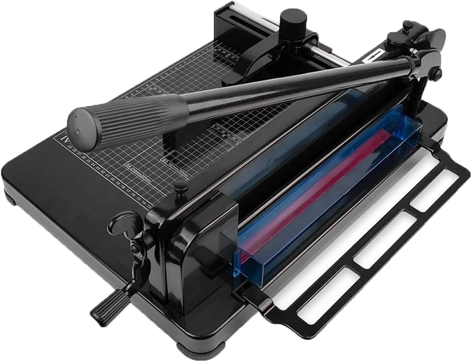 Cortadora Manual A4 de Alta Resistencia con Guillotina y Protectores de Seguridad automáticos, Regla de posicionamiento Ajustable y cuadrículas calibradas.