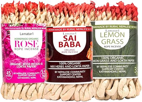 Set of 3 Tibetan Rope Incense -APPR 135 in Ropes Hand Made in Nepal Rose -Sai Baba - Lemongrass Set of 3