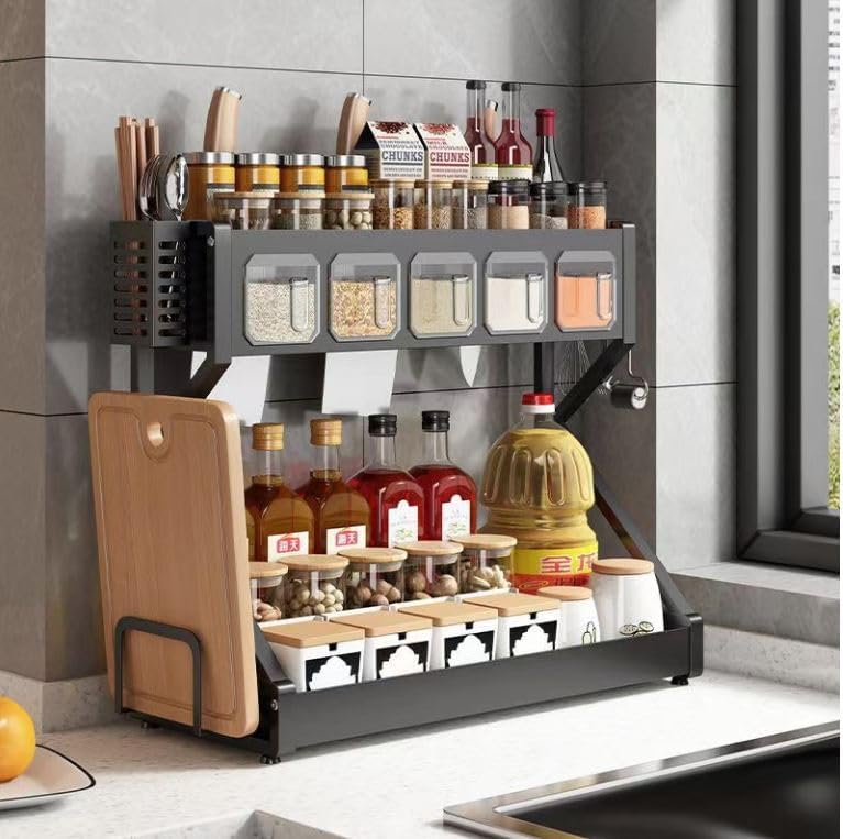 Sisliya Metal Shelf Organizer Countertop,2-Tier Spice Rack Organizer with Cutlery Chopsticks Storage Shelf, Kitchen Rack Organizer for Spice Sauce Jars Bottle,5 Spice Storage Box Knife Stand, (SL-07) (B0DJ2LWSLH) Amazon Price History, Amazon Price Tracker