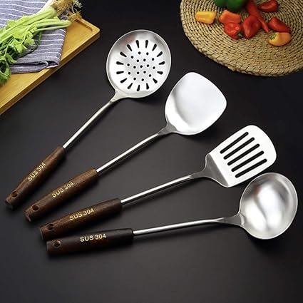 Primetan 304 Stainless Steel SteelCombo of 4 Utensils Set Spatula & Ladle, Slotted BBQ Turner, Perfect for Ladling Soup, Grilling, Scraping, Turning Meat, Mixing Scrambled Eggs, Flipping Burgers, Comfortable Bamboo Handle