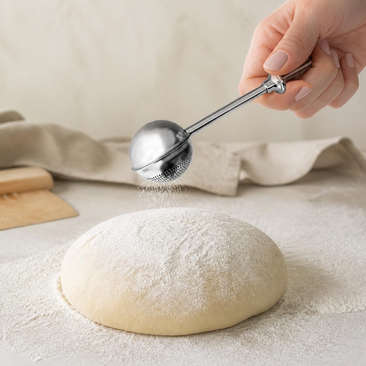 Flour Sifter for Sourdough Bread - Bread Flour Shaker Duster One-Handed Baking Duster with Spring Handle 304 Food Grade Shaker for Even Dusting Non-Clog Pastry Wand for Bread Pizza Rolls