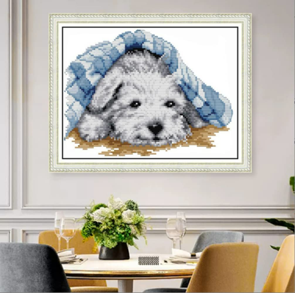 ABEUTY Kit per punto croce, per cani, cuccioli, fiori, per adulti, pre-stampati o non, fai da te, 14 pezzi, per ricamo, cucito o non stampato, DMC cucito facile per principianti