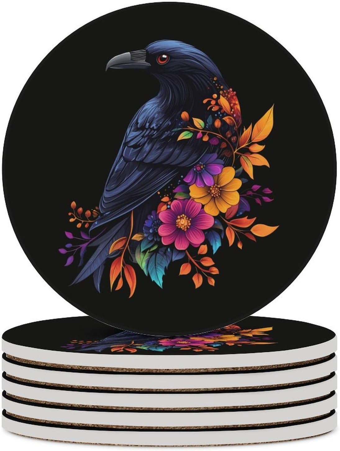 Floral Black Raven Crowes Coasters for Drink Round Ceramic Coaster with Cork Base Home Decorative 6PCS