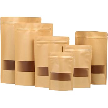 Pack of 50 Kraft Paper Bags with Window 16 x 23 cm Kraft Paper Bags Reusable Biscuit Bags Large Paper Bags Brown Lockable for Nuts Coffee Beans Tea Leaves Sweets Snacks