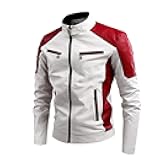 Men's Stand Collar Leather Jacket Fall Trendy Color Block Motor Biker Jacket Full Zip Outerwear Coats S-5XL