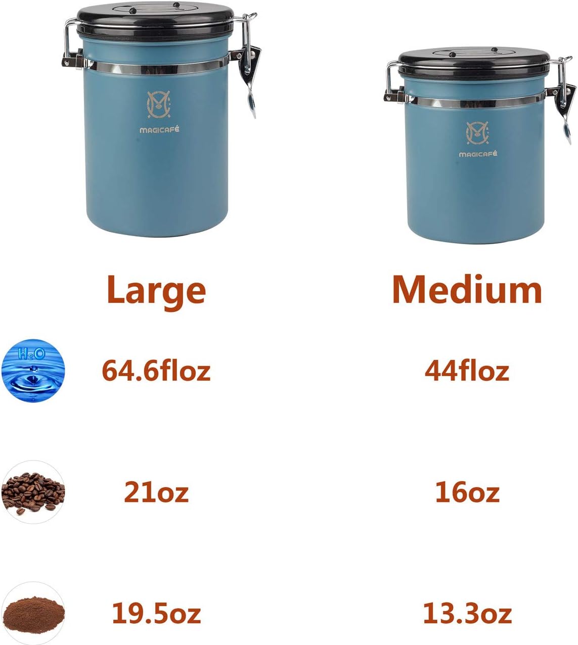 Magicafé Airtight Coffee Storage Container - with Co2 Valve Coffee Bean Grounds Storage Canister Medium Blue 16oz