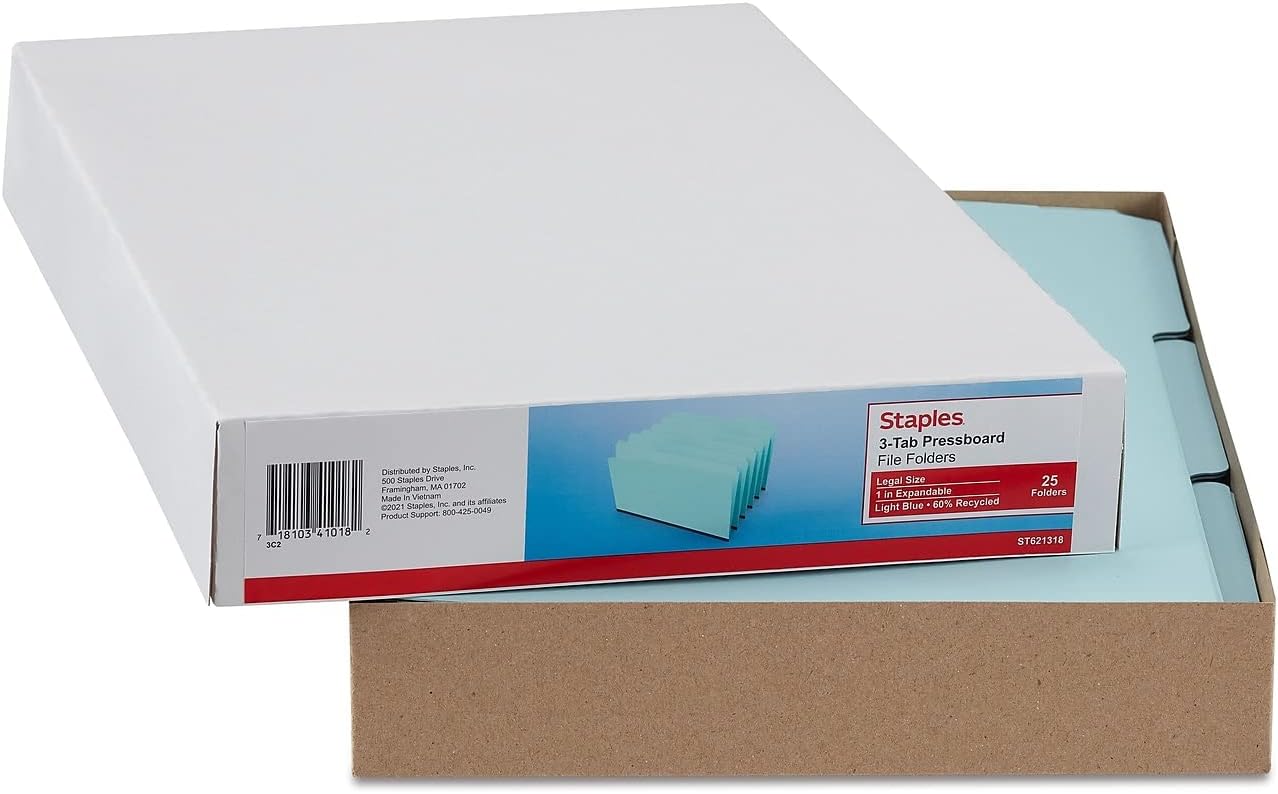 Staples Pressboard File Folders, Legal Size, 3‑Tab Design, Blue, Heavy‑Duty Pressboard, 25/Box