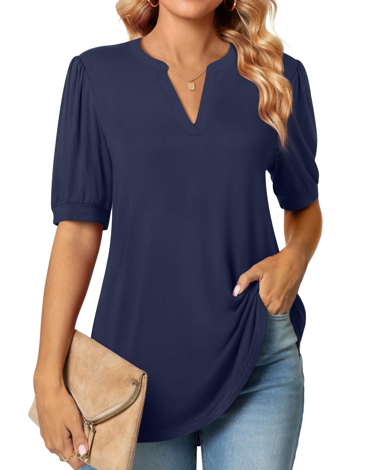 Womens Tunic Tops Summer Dressy Casual Puff Short Sleeve Shirts Work Business Blouses