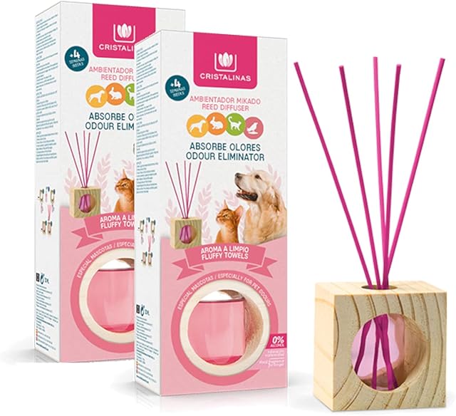 CRISTALINAS Pet Odour Eliminating Reed Diffuser, Air Freshener, 30ml / 4 Weeks, 0% Alcohol, Fluffy Towels, Pack of 2