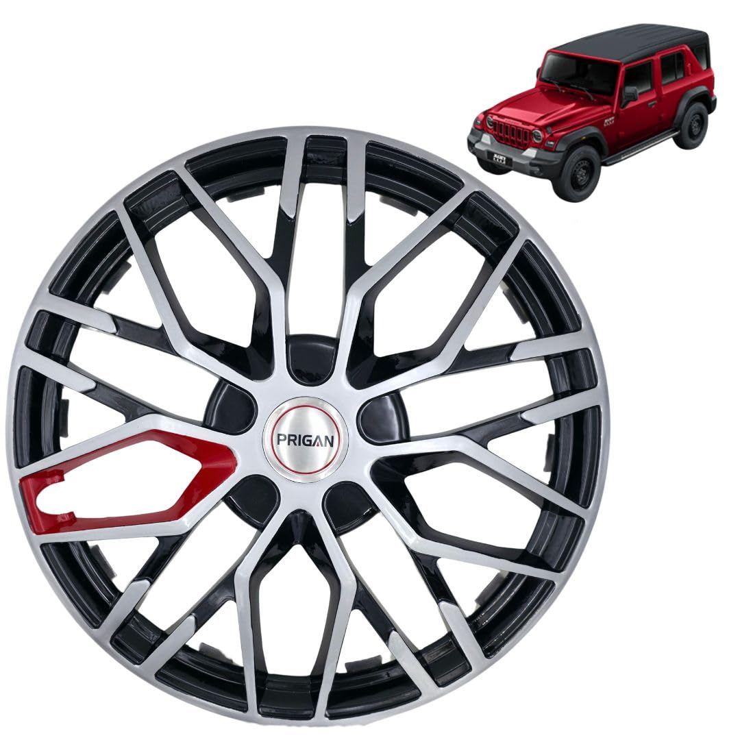 PRIGAN Thar Roxx 18 Inch Wheel Cover Specially Designed for Base Model MX1 and MX3 Variant | Press Fitting Wheel Cap (Set of 4 Pcs) (Model- Thar Roxx Silver Black Red 18)-image-37