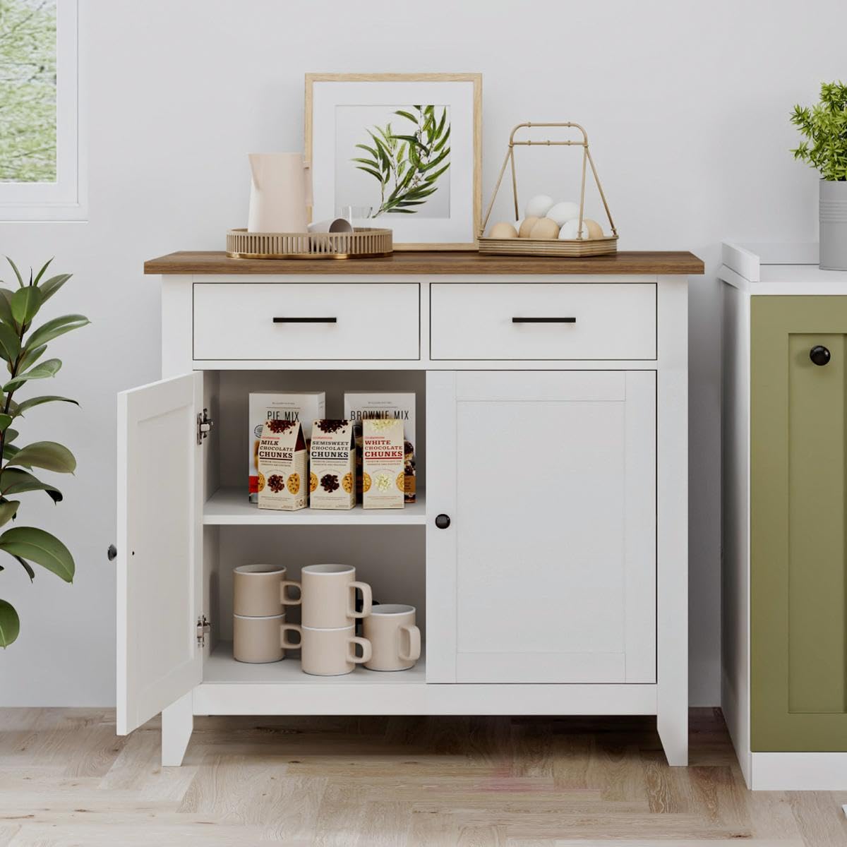 HOCSOK Küchenschrank mit Arbeitsplatte, Sideboard mit 2 Schubladen und 2 Türen, Buffetschrank für Küche, Wohnzimmer, Esszimmer, Flur, Holz, Landhausstil