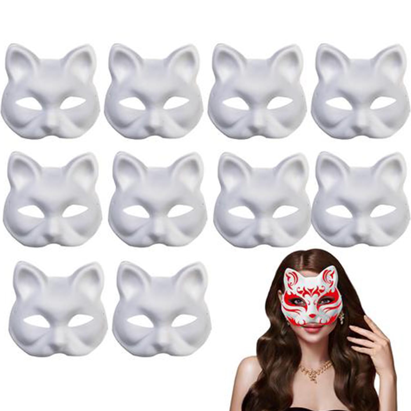 Mingchengheng Cat Masks - 10 White Cat Face Blank Hand Painted Masks Hand Painted Personality Masquerade Masks for Painted Masques,Cosplay,Halloween,