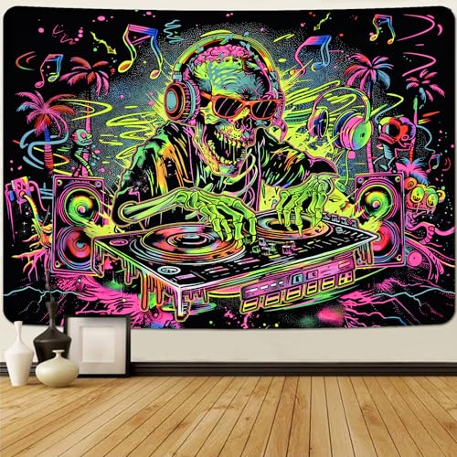Uspring Blacklight Skull Tapestry Trippy Skeleton Tapestries Funny Music Wall Tapestry Hip Hop Tapestry Wall Hanging Uv Reactive Hippie Wall Art thumb #1