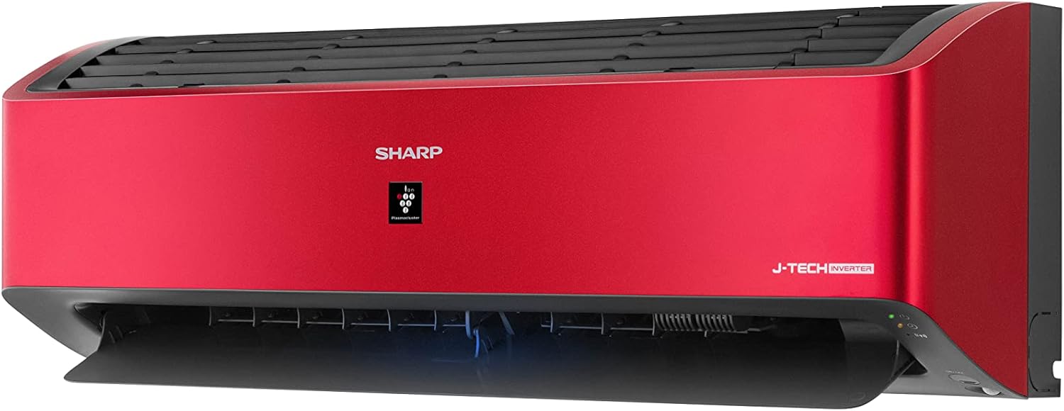 Sharp AY-XP18YHER Air Conditioner, angled front view, red unit.