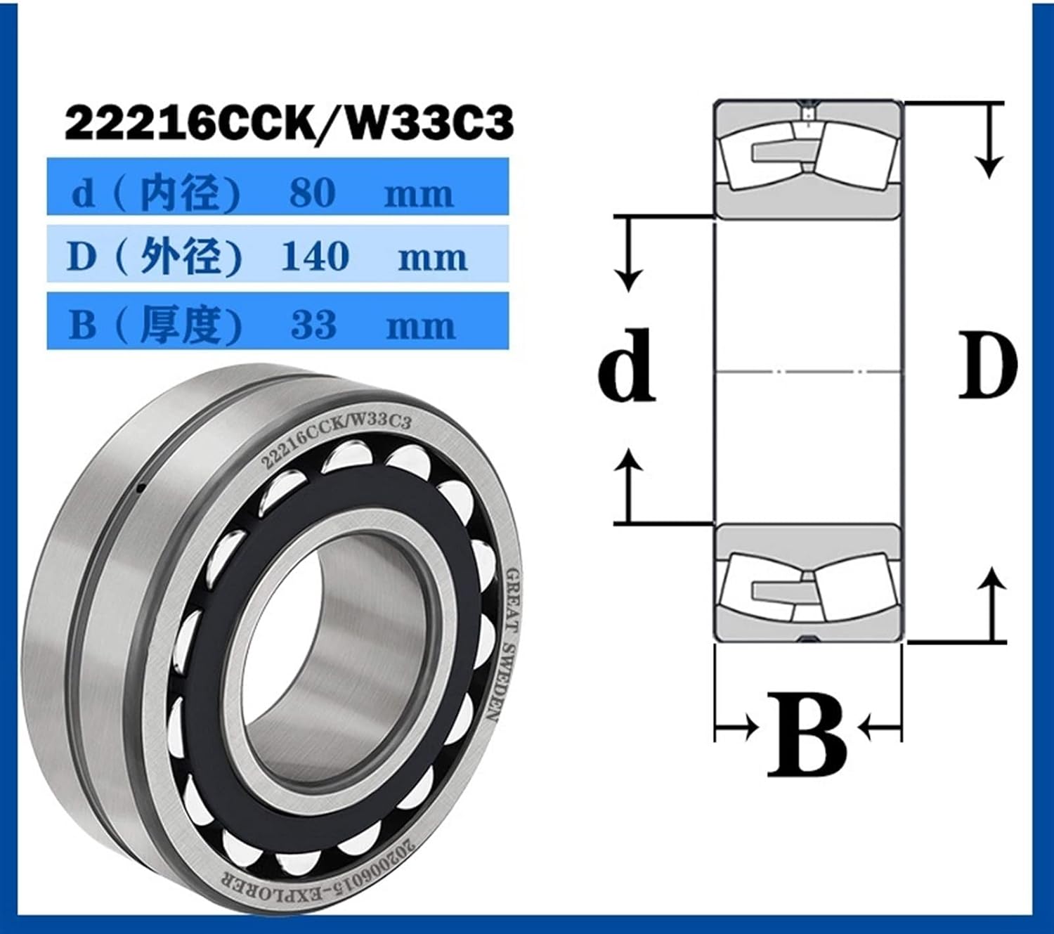 1pcs 22216CA CAK CC CCK/W33 22216E EK/W33 22216CA/P5W33-2RS Spherical Roller Bearing (Size : 22216CC W33)