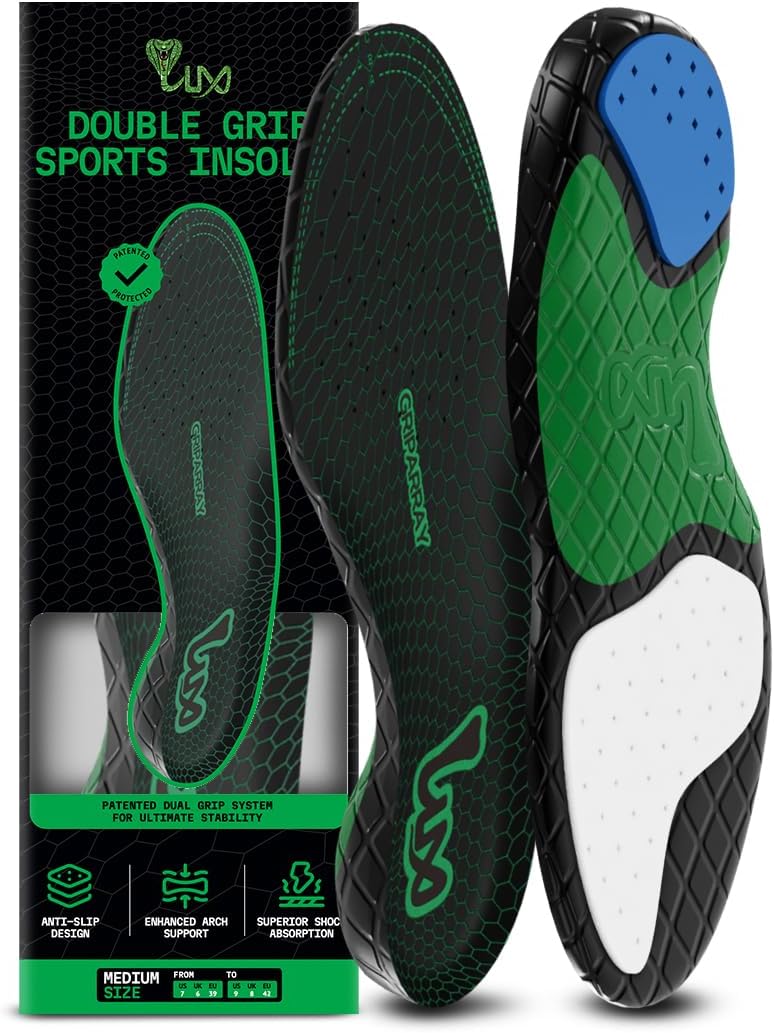 Lux Dual Grip Sports Insoles GripArray™ - Athletic Insoles for Performance Sports: Shock Absorbing Soccer Insoles, Running Shoe Inserts for Cleats, Golf, Basketball, Tennis Insoles for Men and Women Med L (Men 9.5-13 / WM 11-14.5)