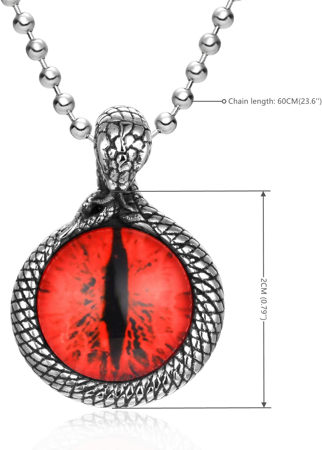 Stainless Steel Vintage Coiled Snake Red Evil Eye Protection Animal Love Pendant Necklace, 24 in Chain, Men Women - Image 2