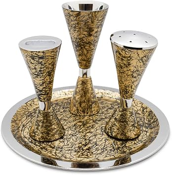Elegant End of Shabbat Havdalah Set Contemporary Style Nickel Plated Gold Decal - Modern Shape Kiddush Cup Goblet, Tray, Havdulah Candle Holder, Besamim Spice Box Shabbos Decoration by Zion Judaica