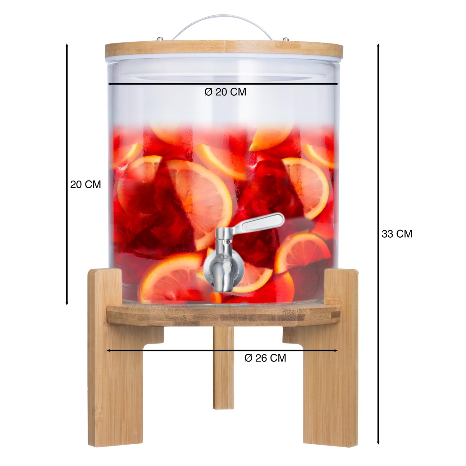 Getränkespender Edelstahl Bambus-Ständer 5L Wasserspender Glas Zapfhahn Bowle Gefäß Deckel