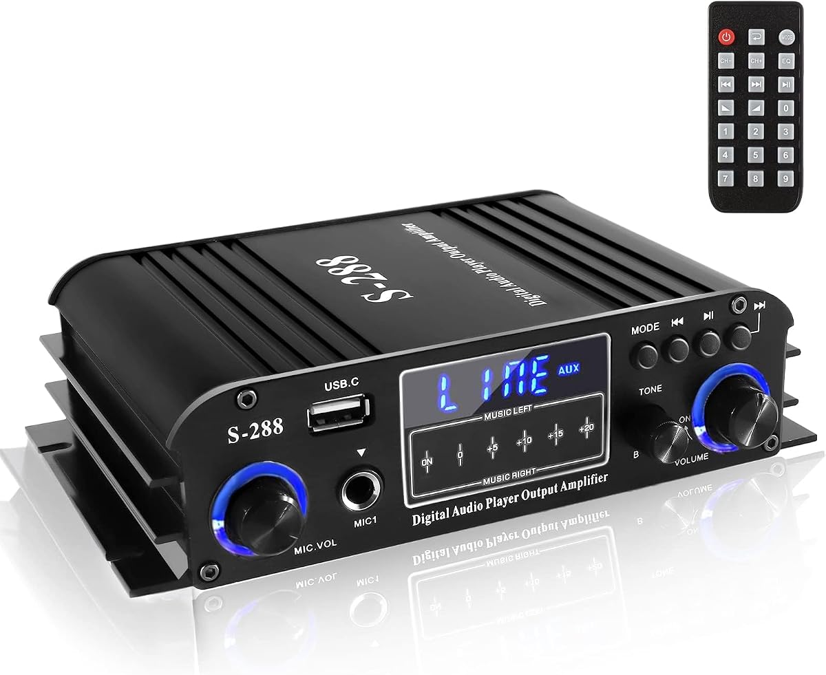 Romicta Amplificador estéreo Bluetooth 5.0 de 4 canales, receptor estéreo de audio doméstico 50Wx4, 1200W máx., USB/SD/FM, amplificador de potencia HiFi clase D para cine en casa, coche y karaoke, incluye mando a distancia y adaptador de corriente