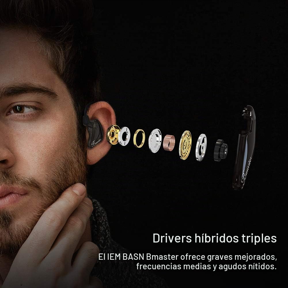 BASN Bmaster - Auriculares intrauditivos con cable con aislamiento de ruido y dos cables desmontables MMCX para ingenieros de audio y músicos (negro)
