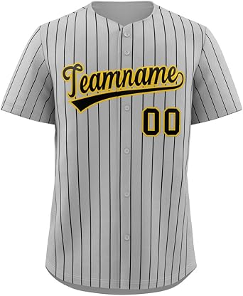 Custom Pinstripe Baseball Jersey Button Down Shirt Printed or Stitched Personalized Name Number for Men/Women/Youth Grey/Black Stripes/Yellow-38