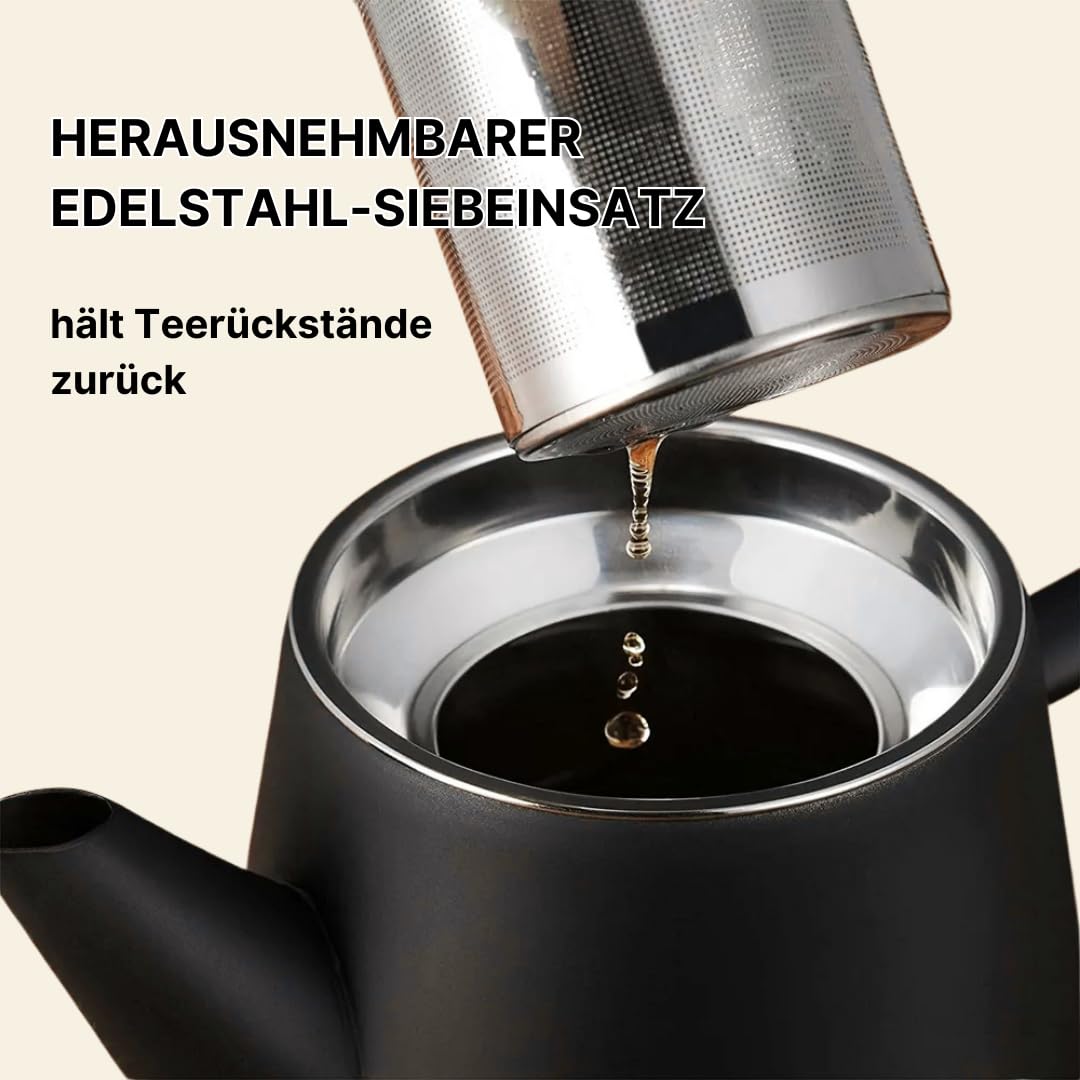 Edelstahl Teekanne 1 Liter mit Stövchen - Doppelwandig, Tropffreier Ausguss - mit Siebeinsatz für losen Tee oder Teebeutel (Beige)