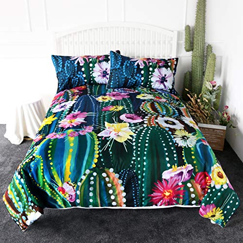 ARIGHTEX Southwest Cactus Duvet Cover Set Pink Red Floral Bedding Dark Green Succulent Cactus Quilt Cover (King)