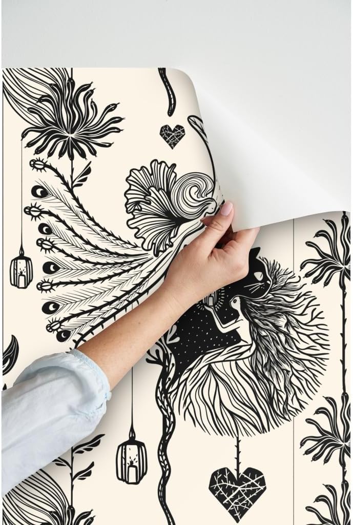 Peel & Stick Wallpaper 3ft x 2ft - Fairy Bird Flowers Dark Cat Night Gothic Fantasy Custom Removable Wallpaper by Spoonflower