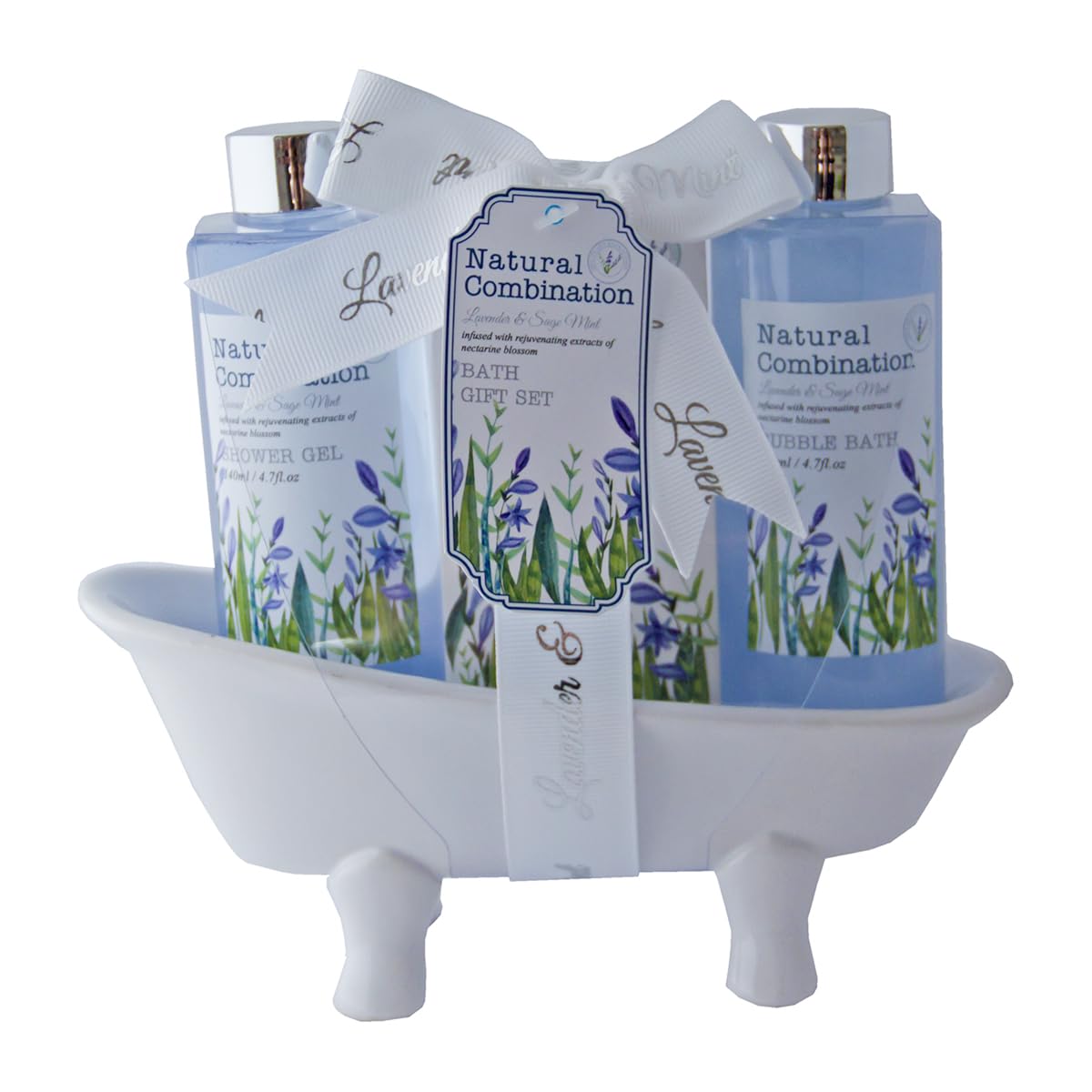 Accentra Lavender Bath Set in Ceramic Bath with 140 ml Shower Gel, 140 ml Bubble Bath, 50 g Bath Salt, Lavender & Sage Scent Purple / White
