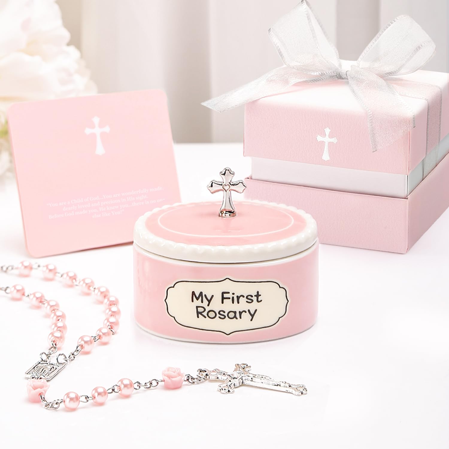 Baptism Gifts for Girl - My First Rosary with Ceramic Keepsake Box, Catholic Christening Gift Set, Pink Rosary for Kids, Baptism, First Communion & Baby Dedication Gifts for Newborn Baby Girls