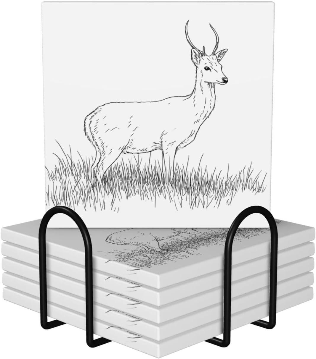 (sika Deer) Ceramic Coasters Set of 6 with Holder Non-Slip Square Coffee Coasters for for Cup Mug Drink Patio Coffee Table Decor, Christmas Coasters Home Bar Supplies