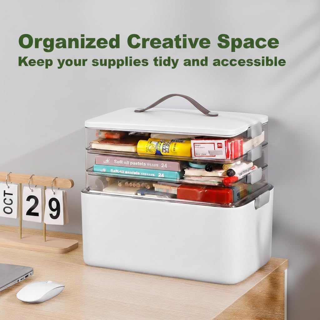 MOPALL 4-Tier Medicine Organizer Storage Box, Portable Latch Bin with Lid and Leather Handle, Cabinet Closet Organization for Home Office, Pill Bottle, First Aid, Sewing, Art, Craft