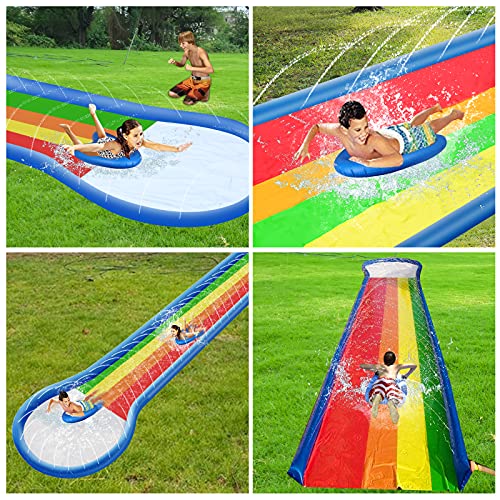 Slip Lawn Water Slides For Kids/Adults Extra Long Slip Water Slide With 2 Bodyboards, Heavy Duty Double Lanes Racing Backyard Summer Water Toys Sprinkler Splash And Slide Outdoor Garden #TOP7